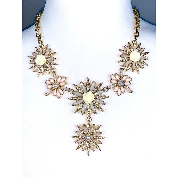 INC Gold Tone Crystal and Faux Pearl Starburst Floral Statement Necklace - Picture 1 of 10